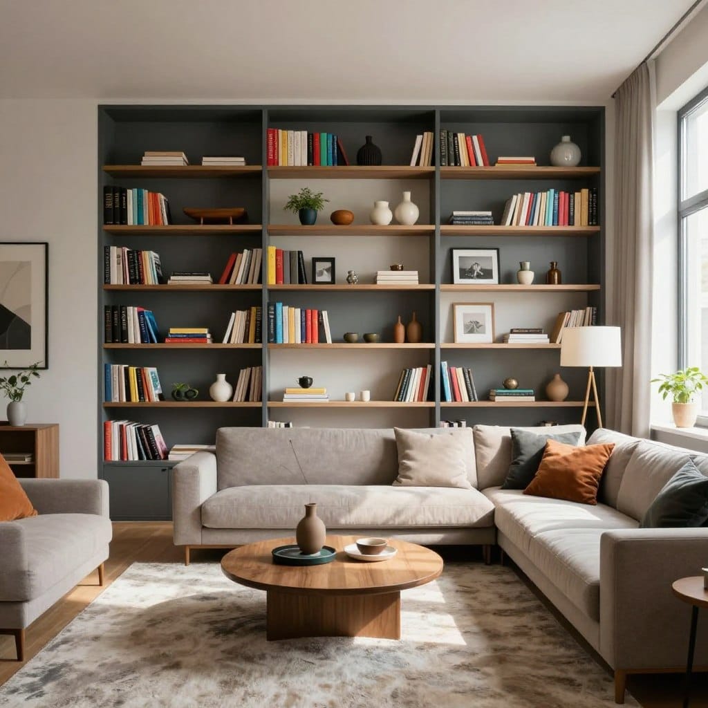 A modern living room featuring a striking accent wall with built-in shelves. The shelves are styled with an array of colorful books, tasteful decor items like vases and framed photos, and a few small plants for a touch of greenery. In the foreground, a cozy coffee table sits on a plush area rug, adding warmth to the space. The middle of the room showcases a stylish sofa, perfectly positioned to face the accent wall. Soft, natural light streams in through large windows, casting gentle shadows and creating a welcoming atmosphere. The background includes a minimalist floor lamp and subtle artwork on adjacent walls, contributing to the modern aesthetic. The overall mood is inviting and functional, ideal for both relaxation and display.