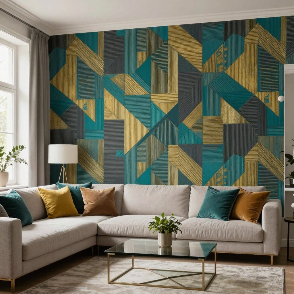A modern living room featuring a striking statement wallpaper accent wall. The wallpaper showcases an intricate geometric pattern in hues of teal, gold, and charcoal, adding depth and sophistication. In the foreground, a sleek, low-profile sofa in a neutral color is adorned with vibrant throw pillows that complement the wallpaper. A minimalist coffee table made of glass and metal sits in the center, with a small plant adding a touch of greenery. In the background, soft natural light filters through large windows, casting gentle shadows and creating a warm, inviting atmosphere. The image is captured from a slightly elevated angle, highlighting the interplay of textures and colors, emphasizing a contemporary and stylish living space.