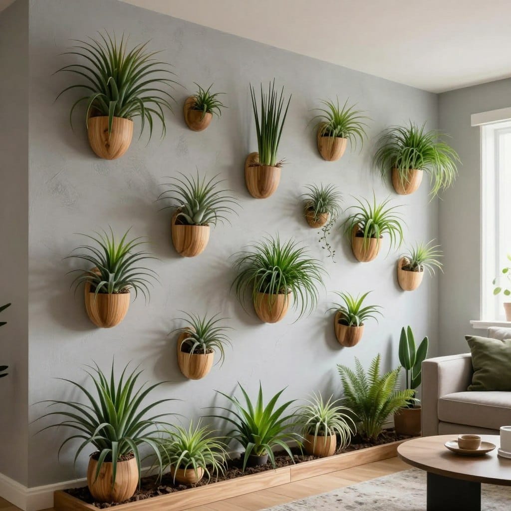 A modern living room featuring a stunning living wall adorned with various air plants in an elegant arrangement. In the foreground, showcase vibrant green air plants of differing sizes and shapes, poised in sleek, minimalistic wall-mounted planters made of natural wood. The middle layer displays the textured wall, a soft, light gray color, enhancing the lush greenery. In the background, include hints of contemporary furniture such as a cozy sofa and a stylish coffee table, creating a harmonious décor. The lighting is warm and natural, coming from a nearby window, creating a fresh and inviting atmosphere. The overall mood is tranquil and rejuvenating, ideal for a modern living space.