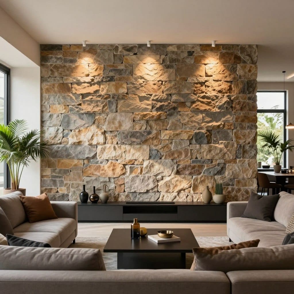 A modern living room featuring a stunning stone brick veneer accent wall, showcasing a blend of rustic charm and contemporary design. In the foreground, a stylish sofa in muted tones invites comfort, adorned with soft pillows. The middle section highlights the impressive feature wall, where textured stone bricks create a warm, inviting atmosphere, illuminated by soft ambient lighting that casts gentle shadows, enhancing the wall's dimensionality. A sleek coffee table with elegant decor pieces complements the setting. The background features large windows allowing natural light to flood the room, while indoor plants add a touch of greenery. The overall mood is cozy and sophisticated, perfect for a modern living space, captured with a wide angle lens for an immersive view.
