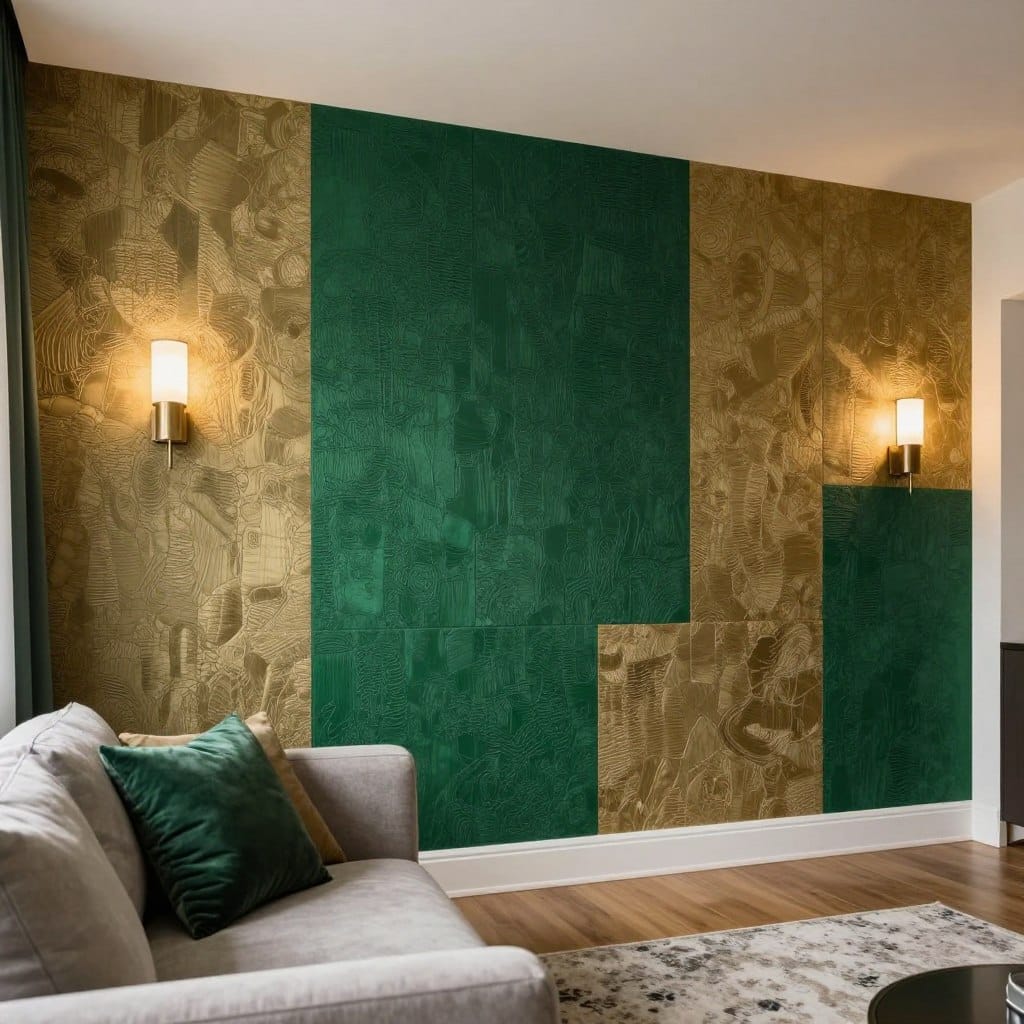 A modern living room featuring an accent wall adorned with textured wallpaper and luxurious fabric panels. In the foreground, a stylish couch with decorative cushions invites relaxation. The middle section showcases the striking accent wall, with a combination of rich, textured wallpaper in deep emerald green, elegantly contrasted with soft, quilted fabric sections in a muted gold. Subtle patterns weave through the textiles, adding depth and a sense of touch. The background includes warm, ambient lighting from sleek wall sconces that highlight the wall's textures. A cozy rug lies on a hardwood floor, enhancing the inviting atmosphere. The scene is captured with a wide-angle lens, emphasizing the space and creating a bright, airy mood, perfect for a contemporary living environment.