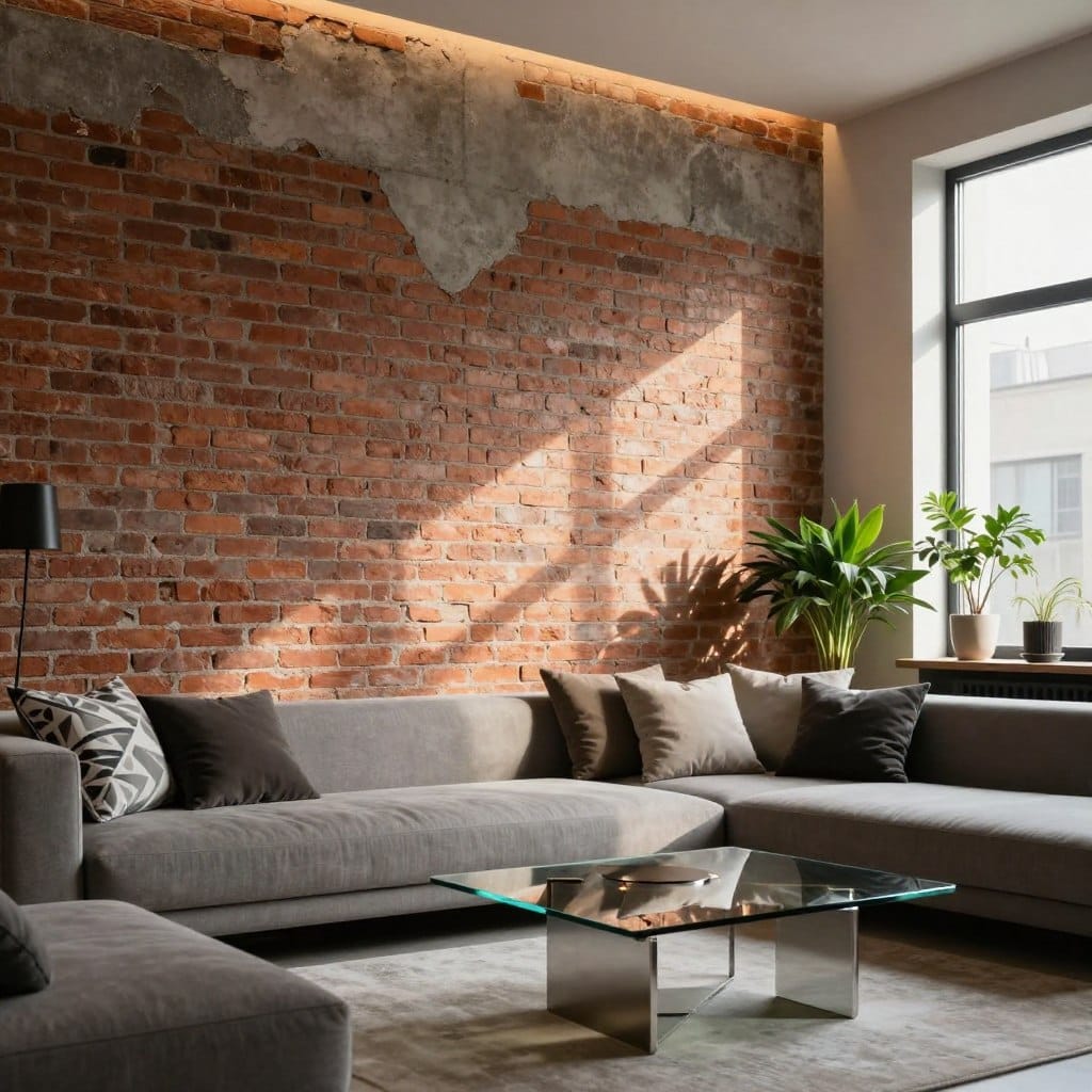 A modern living room featuring an industrial-style accent wall made of exposed red brick and raw concrete. In the foreground, a sleek, minimalist sofa sits adorned with geometric-patterned cushions. A stylish glass coffee table with metallic accents is placed center stage, complementing the industrial theme. In the middle ground, the accent wall is highlighted with warm, ambient lighting, showcasing the varied textures of the brick and concrete, enhanced by shadow play. The background features a large window with natural light streaming in, illuminating a few potted plants for a touch of greenery. The mood is cozy yet contemporary, perfect for a stylish urban dwelling. Captured from a slight angle to emphasize depth and dimensionality, with a focus on clean lines and modern decor elements.