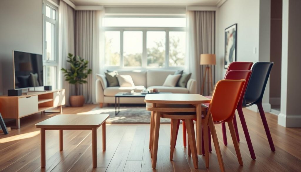 A modern living room featuring flexible furniture, prominently displaying stylish nesting tables and stackable chairs arranged for optimal space utilization. In the foreground, a sleek, minimalist nesting table set in light wood, with a couple of vibrant stacked chairs in a complementary color. The middle of the room showcases a cozy seating area with a contemporary sofa covered in soft fabric, accented by plush cushions. The background features a large window allowing warm, natural light to fill the space, casting soft shadows on the neutral-toned walls. The atmosphere is inviting and functional, emphasizing a clever design that maximizes space while maintaining a chic aesthetic. Photographed with a wide-angle lens to capture the full layout, and the lighting is bright yet soft, creating a serene environment ideal for small living rooms.