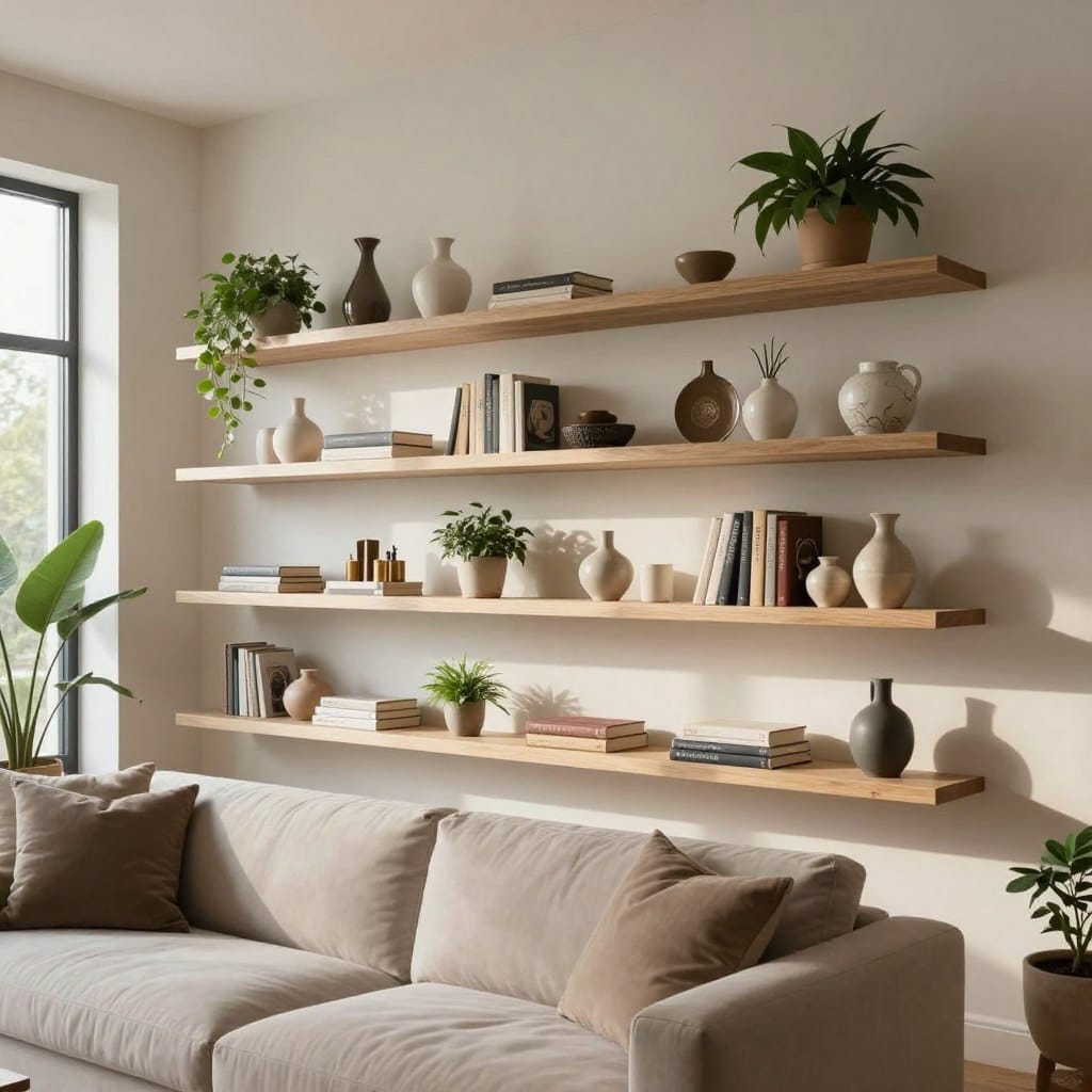 A modern living room featuring floating shelves elegantly arranged on a light-colored wall. The shelves are adorned with a curated display of decorative items, including potted plants, stylish books, and artisanal ceramics, creating an inviting atmosphere. In the foreground, a plush sofa with neutral-toned cushions complements the decor. Soft natural light filters in through large windows, casting gentle shadows that enhance the texture of the walls and shelves. The camera angle captures the entire shelving unit alongside elements of the room, creating a balanced composition. The mood is serene and contemporary, emphasizing simplicity and sophistication in interior design.