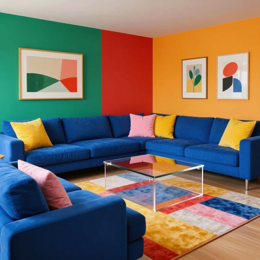 A modern living room featuring vibrant color blocking decor ideas, showcasing a harmonious blend of bold and contrasting colors. In the foreground, a plush sectional sofa in a deep azure blue is adorned with cushions in bright yellow and soft pink. The middle ground displays a stylish coffee table made of clear acrylic, surrounded by geometric-patterned area rugs in vibrant hues. In the background, walls are divided into sections of vivid colors, such as emerald green, fiery red, and sunny orange, each serving as a striking backdrop for minimalist artwork. Warm, diffused lighting casts a cozy ambiance, while the angle captures a wide view of the space, emphasizing the dynamic color palette. The mood is energetic yet inviting, perfect for modern living.