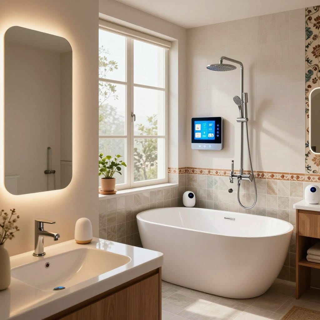 A modern mid-century bathroom cleverly blending retro elements with advanced smart technology. In the foreground, a sleek, touch-sensitive smart mirror reflects soft ambient lighting. The middle section showcases a stylish freestanding bathtub with integrated mood lighting and a high-tech showerhead featuring digital controls. On the wall, a smart control panel displays various settings, surrounded by vintage-inspired tiles. The background features large windows allowing natural light to stream in, highlighting the juxtaposition of the classic wooden vanity and contemporary smart devices like a voice-controlled voice assistant and sensor-based faucets. The atmosphere is serene and inviting, with a color palette of soothing earth tones and soft whites, creating a harmonious blend of retro charm and modern innovation.