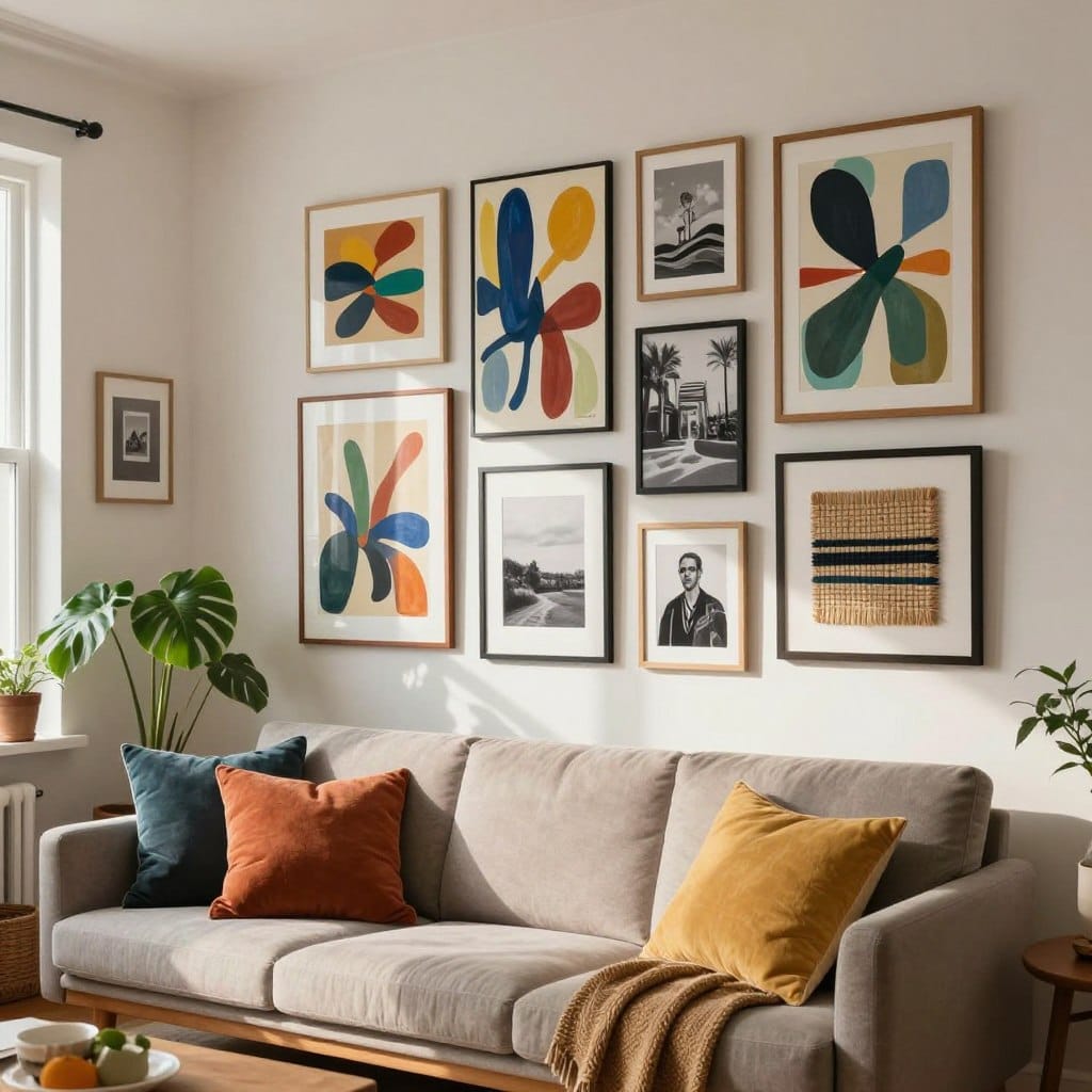 A modern mixed media gallery wall in a cozy living room setting, featuring a dynamic assortment of framed art pieces that combine abstract paintings, black-and-white photography, and woven textile art. The foreground showcases a stylish mid-century sofa adorned with colorful throw pillows, while the gallery wall itself is arranged in an asymmetrical layout that draws attention. The middle ground includes a few potted plants for a touch of greenery. Soft, natural light filters in through a nearby window, casting gentle shadows and highlighting the textures of the artworks. A warm and inviting atmosphere is created, encouraging a sense of comfort and creativity in this stylish living space.