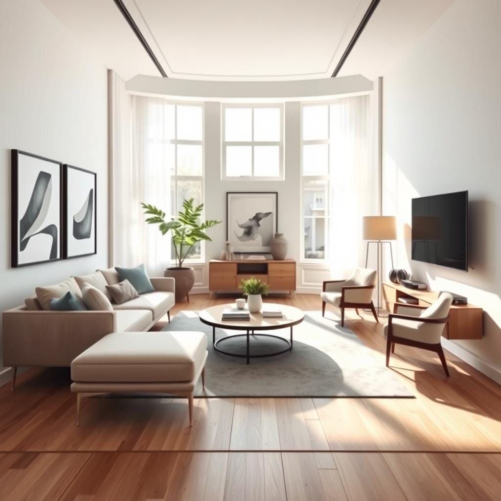 A modern narrow living room featuring a clever floating furniture layout to optimize the space. In the foreground, a stylish sectional sofa with soft, muted colors is positioned away from the walls, inviting a cozy conversation area. A circular coffee table is centered in front of the sofa, flanked by two contemporary accent chairs. In the middle, a slim console table showcases decorative items, while greenery adds life to the space. The background features soft, natural light streaming in through large windows, illuminating a light color palette with warm wooden tones. The overall mood is inviting and airy, emphasizing harmony and fluidity in design. Use a spacious lens angle to capture the full depth of the room and create a sense of openness.