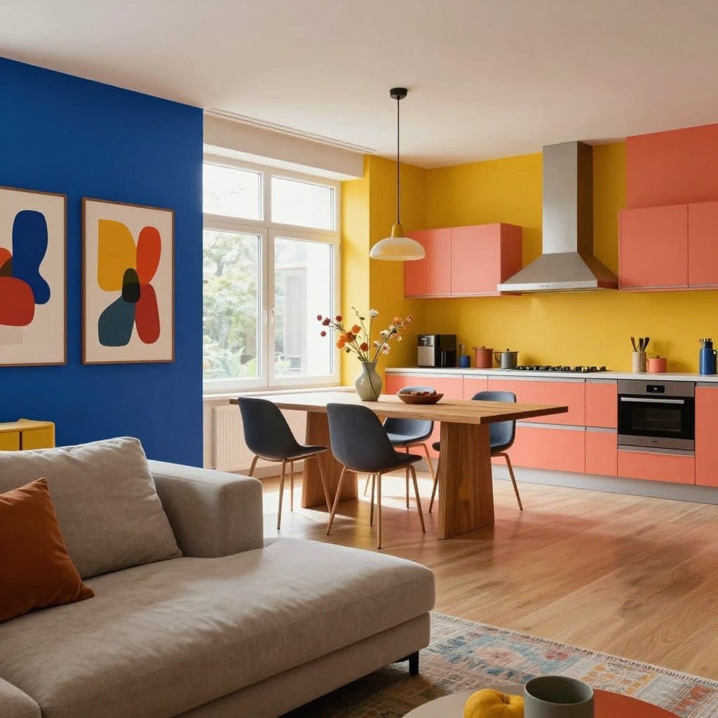 A modern open plan living area and kitchen featuring a vibrant accent wall in bold, saturated colors like deep blue, rich mustard yellow, and lively coral. In the foreground, a stylish sofa in neutral tones is complemented by abstract art pieces that echo the accent wall's colors. The middle ground reveals an elegant dining table set against the backdrop of the striking paint, with contemporary chairs that contrast beautifully. Soft, natural lighting streams in from large windows, enhancing the vibrancy of the colors and creating a warm atmosphere. The scene captures a sense of stylish comfort and modern design, inviting viewers to imagine the liveliness and character that such colors bring to a space. The angle focuses on the interaction between the living area and kitchen, highlighting the open concept layout.