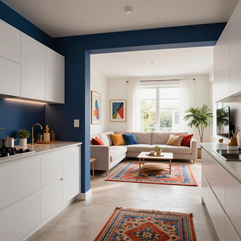 A modern open-plan living space seamlessly integrates a stylish kitchen and cozy living area, showcasing effective color zoning. In the foreground, a sophisticated kitchen features sleek, matte white cabinets with a bold navy blue accent wall. The middle ground reveals a warm living area adorned with a soft, neutral-toned sofa and colorful throw pillows, artfully separated by vibrant area rugs that define each zone. The background shows large, floor-to-ceiling windows letting in natural light, enhancing the inviting atmosphere. Soft, ambient lighting creates a cozy yet modern vibe, while plants add a touch of freshness. Capture this scene from a slightly angled perspective to highlight the harmonious flow of colors and space, creating a sense of tranquility and style throughout the design.