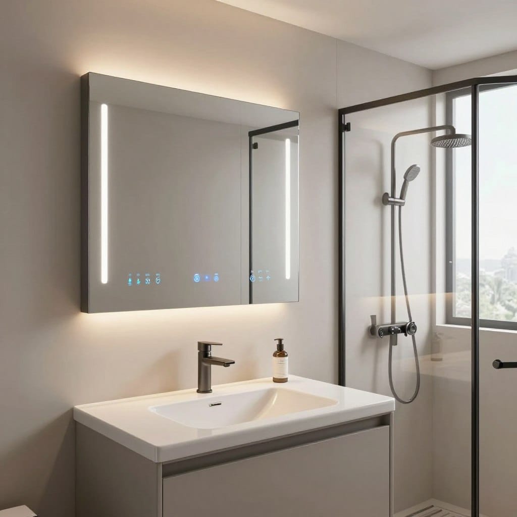 A modern, sleek bathroom featuring advanced smart technology, designed for maximum efficiency in a compact space. In the foreground, a stylish smart mirror with integrated lighting displays health metrics and customizable settings. The middle section showcases a minimalist vanity with touchless faucets and a hidden storage system that optimizes space. Smart lighting illuminates the area with an ambient glow, promoting a tranquil atmosphere. In the background, a compact shower with digital controls and seamless glass doors reflects contemporary design. The entire setting is well-lit with soft, natural light streaming through a frosted window, enhancing the overall modern aesthetic. The mood is clean, sophisticated, and inviting, ideal for showcasing innovative solutions for small bathrooms.