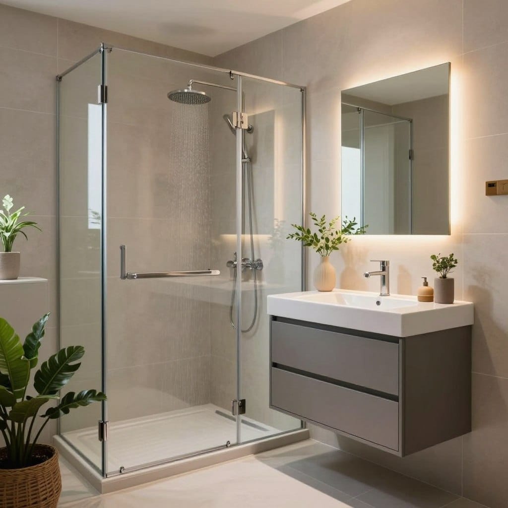 A modern small bathroom showcasing clever remodeling tips. In the foreground, include a sleek, compact vanity with stylish storage solutions, along with decorative plants for a touch of greenery. The middle ground features a glass shower enclosure with an elegant rainfall showerhead and neutral tiles that create a sense of space. In the background, a well-lit mirror reflects warm ambient lighting, enhancing the inviting atmosphere. Use soft, natural light to highlight the textures and colors throughout the space, emphasizing a clean and contemporary design. The mood is serene and organized, showcasing the beauty of smart design in limited square footage, ideal for inspiring small bathroom remodel ideas.