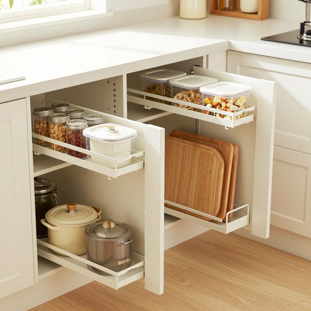 A modern small kitchen featuring smart cabinet organizers designed to maximize space efficiency. In the foreground, showcase sleek, pull-out shelves filled with spices, pots, and kitchen utensils, all neatly arranged for easy access. The middle ground reveals well-structured cabinets with clear containers holding various pantry items, accompanied by integrated dividers and racks for cutting boards and baking sheets. The background highlights a bright, airy atmosphere with whitewashed cabinets, a minimalist countertop, and soft natural light streaming through a window, creating a cozy yet functional vibe. The image should have a warm, inviting tone with a focus on organization and clever design, captured from a slightly elevated angle to emphasize the efficient layout.