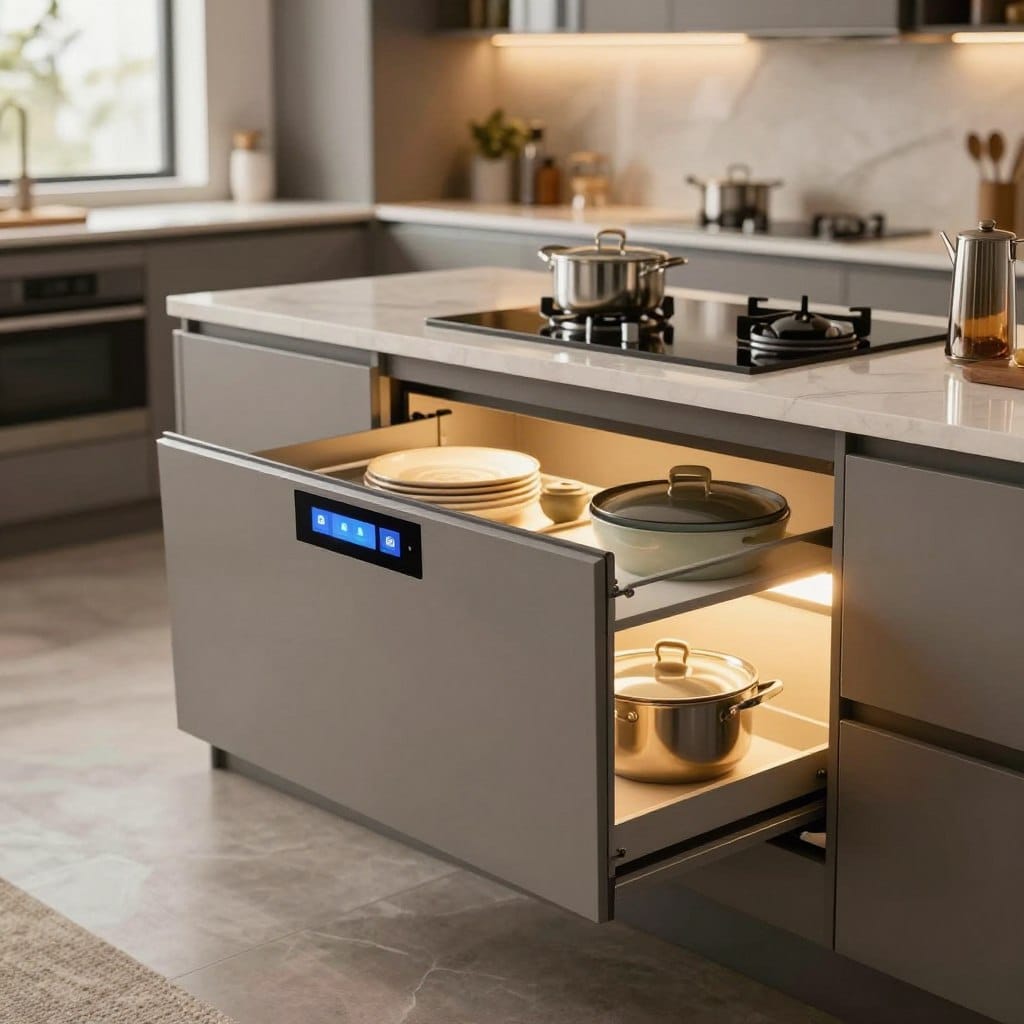 A modern smart kitchen cabinet designed with sleek lines and high-tech features. The foreground features an automated cabinet with integrated touch controls, open with glowing LED lights illuminating organized kitchenware like pots and pans. In the middle ground, a stylish kitchen with stainless-steel appliances and polished countertops complements the cabinet design, showcasing its innovative storage solutions. The background can consist of a spacious, well-lit kitchen environment with large windows letting in natural light, enhancing the warm and inviting atmosphere. The overall mood is one of elegance and sophistication, captured with soft, diffused lighting that highlights the cabinet’s technology while maintaining a cozy ambiance. The image is taken from a slightly elevated angle for depth and perspective.