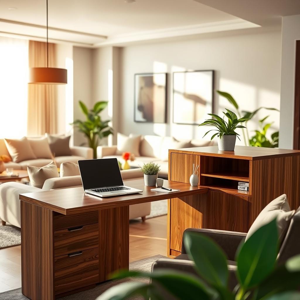 A modern, stylish hidden workspace seamlessly integrated into a cozy living room setting. In the foreground, there’s a cleverly disguised desk that blends with elegant furniture, featuring rich wood tones and minimalist design elements. The desk is partially open, revealing a sleek laptop, stylish stationery, and a potted plant for a touch of nature. In the middle ground, a comfortable seating area with plush cushions and a coffee table enhances the atmosphere. Warm, natural light streams in from a large window, casting gentle shadows and creating an inviting environment. In the background, tasteful wall art and greenery add depth, suggesting an atmosphere of productivity and relaxation. Capture this scene from a slightly elevated angle to highlight the functionality and aesthetic integration of the hidden office solution.