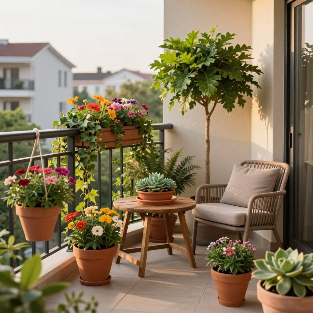 A modern townhouse balcony featuring a collection of stylish plants in various sizes and textures, designed for an inviting atmosphere. In the foreground, showcase vibrant potted flowers in hanging terracotta pots and a tall, leafy indoor plant with a textured green foliage. In the middle ground, include a small wooden table adorned with a delicately arranged succulent centerpiece and a cozy chair nearby, creating a relaxing nook. The background displays a balustrade with climbing ivy and cascading flower boxes bursting with colorful blooms. Soft, golden hour lighting casts a warm glow on the scene, enhancing the lush greenery. Capture this from a slightly elevated angle to frame the balcony composition beautifully, evoking a serene and modern balcony oasis.