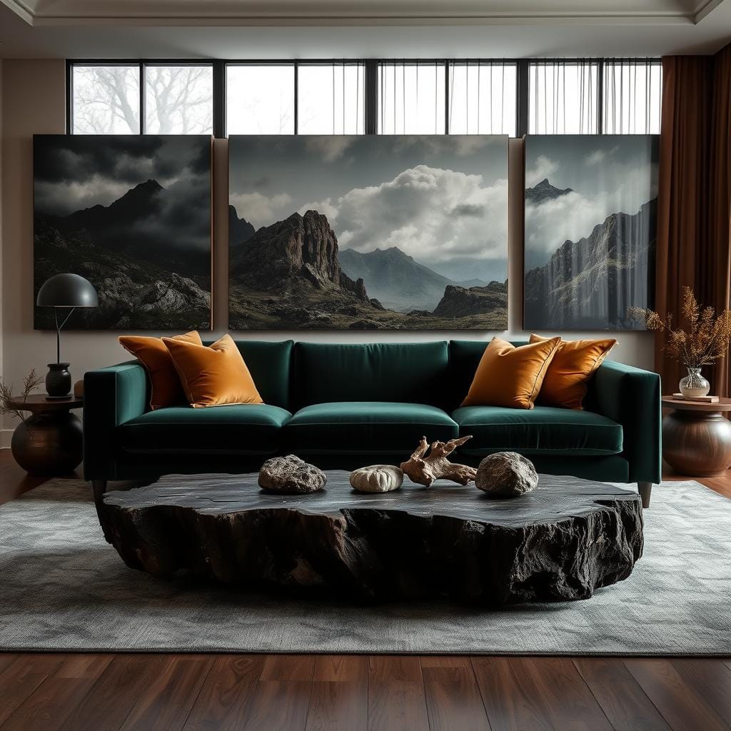 A moody and dramatic living room setting featuring striking natural elements. In the foreground, a large, rugged piece of dark wood serves as a coffee table, adorned with earthy decorative items like polished stones and driftwood. In the middle, a plush velvet sofa in deep emerald green invites comfort, complemented by rich, golden throw pillows. The walls are adorned with a tapestry of oversized nature-inspired artwork, depicting stormy skies and rugged landscapes. In the background, large windows framed by sheer, flowing curtains allow soft, diffused light to enter, casting intriguing shadows across the room. The atmosphere is one of elegance and tranquility, with a subtle interplay of warm and cool tones, enhancing the sense of depth and drama in this inviting space.