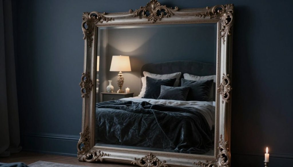 A moody bedroom featuring an ornate framed mirror as the focal point. In the foreground, the mirror is intricately designed with vintage detailing, reflecting soft, ambient light from a nearby lamp. The middle layer showcases a plush, dark-hued bed adorned with rich textiles like velvet pillows and a thick throw blanket, creating a cozy yet sophisticated feel. The background includes deep, shadowy walls, complemented by soft lighting that enhances the room's intimate ambiance. A small bedside table with a delicate vase and a candle adds warmth to the scene. The overall atmosphere is serene and sophisticated, with a color palette dominated by deep blues and muted grays, evoking a sense of tranquility. Use a warm light source to create gentle shadows and depth.