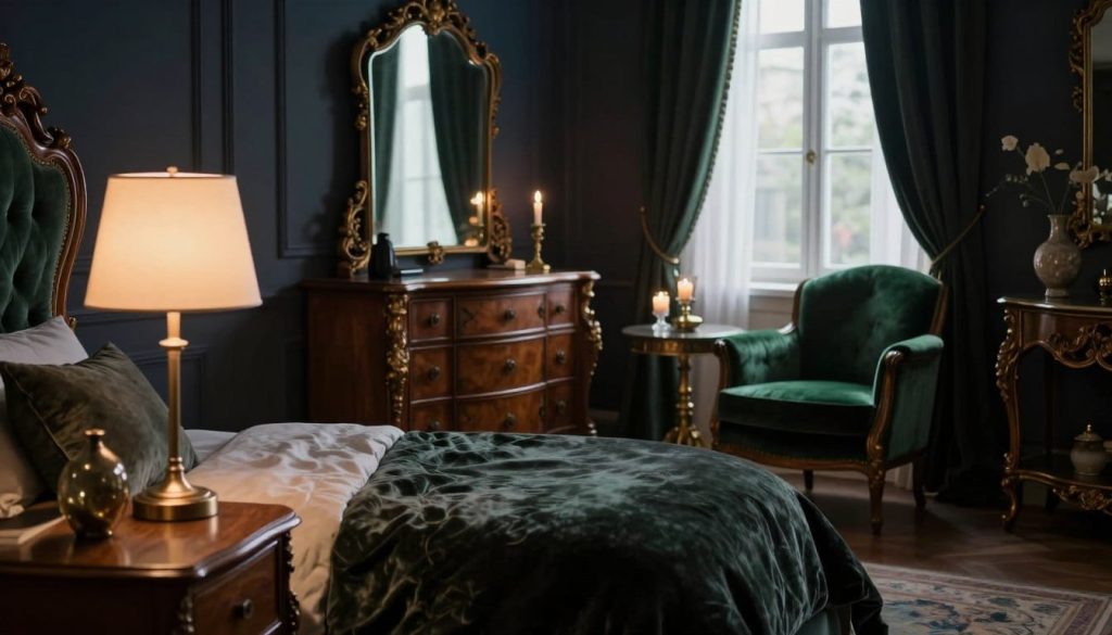 A moody bedroom featuring sophisticated furniture, including a plush velvet bed with dark, rich hues and an intricately carved wooden headboard. In the foreground, a sleek nightstand with a minimalist lamp emitting a warm, soft glow. A comfortable armchair upholstered in deep green fabric sits in the corner next to a small, ornate table, adorned with candles and a delicate vase. The middle ground showcases a stylish dresser with an antique mirror reflecting the gentle light. In the background, elegantly draped curtains frame a large window, allowing dim, moody daylight to filter in, enhancing the ambiance. The setting conveys a sense of warmth and intimacy, while the color palette consists of deep blues, greens, and accents of gold, evoking a sophisticated moody aesthetic. Shot with a shallow depth of field to emphasize the furniture details.