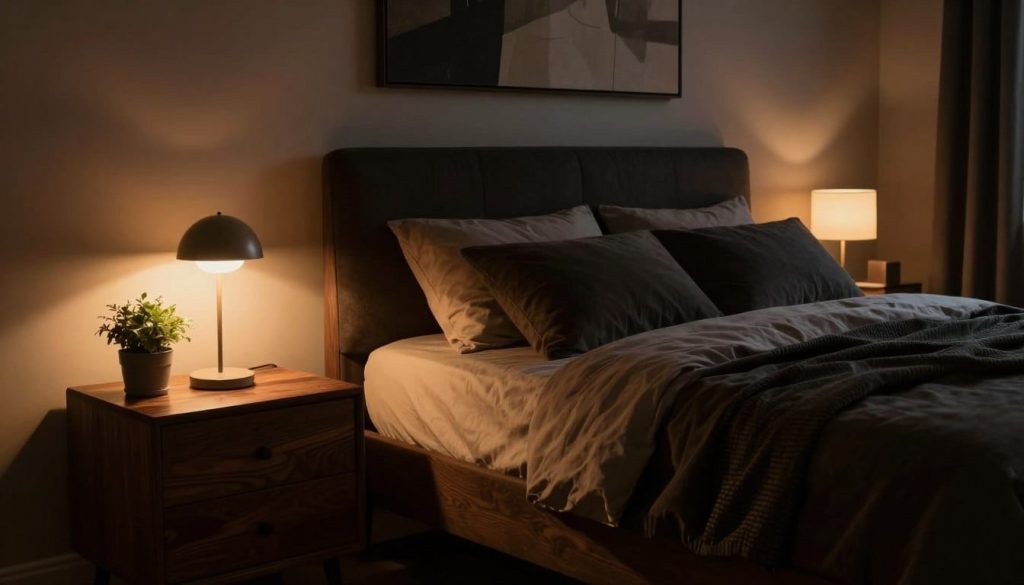 A moody bedroom featuring two elegant nightstands on either side of a plush bed, softly illuminated by warm, ambient lighting. The foreground showcases a textured nightstand with a sleek, minimalistic lamp casting a gentle glow. Next to it, a small potted plant adds a touch of life. The middle section reveals the rich, dark wood of the nightstands contrasting with deep, luxurious fabrics of the bedding, enhancing the sophisticated aesthetic. The background includes a softly lit wall with an abstract art piece, creating a serene atmosphere. The scene is captured from a low angle, emphasizing the intimate and cozy vibe of the space, with shadows playing delicately across the surfaces. Overall, the image evokes a sense of calm and introspection, perfect for a moody bedroom setting.