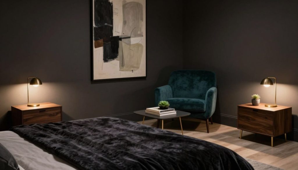 A moody bedroom scene featuring a sophisticated furniture arrangement. In the foreground, a plush, dark velvet bedspread lays atop a low-profile bed with rounded edges. On either side, minimalist wooden nightstands with sleek gold accents hold small, modern lamps casting warm, ambient light. In the middle ground, a cozy armchair upholstered in deep teal sits next to a stylish, low coffee table adorned with books and a small succulent. The background reveals a feature wall painted in deep charcoal, hung with abstract art contrasting with muted shades. Soft shadows dance around the room, enhanced by a soft, diffused overhead light creating an inviting atmosphere. The scene is captured from a slightly elevated angle, showcasing the careful arrangement and layered textures that define a sophisticated moody aesthetic.
