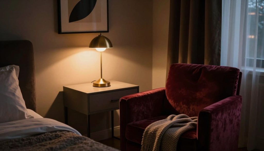 A moody bedroom scene featuring soft, ambient lighting to create a sophisticated atmosphere. In the foreground, a plush velvet armchair in deep burgundy invites relaxation, adorned with a textured throw blanket. The middle section showcases a sleek bedside table with a stylish brass lamp emitting a warm golden glow. A minimalist painting hangs on the wall, complementing the color palette. In the background, curtains of rich fabric softly drape over a window, allowing hints of twilight to filter through. The scene captures a cozy, intimate vibe, highlighted by strategically placed warm lighting and shadows that play across the room. Angle the composition slightly from above to provide depth and perspective, creating an inviting atmosphere ideal for a sophisticated moody aesthetic.
