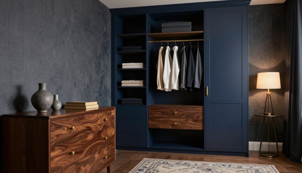A moody bedroom showcasing sophisticated storage solutions, featuring a dark, rich color palette of deep blues and warm grays. In the foreground, a sleek wooden dresser with elegant brass hardware displays tasteful decorative items like a small vase and a vintage book. The middle ground reveals a stylish wardrobe with open sections, revealing neatly organized shelves and a neatly hung collection of minimalist clothing on hangers. Ambient lighting from a stylish bedside lamp casts a soft, inviting glow. In the background, the walls are adorned with subtle, textured wallpaper, enhancing the luxurious atmosphere. A plush area rug adds warmth underfoot. The image captures an intimate, serene mood, ideal for inspiring a sophisticated aesthetic without distractions or clutter.