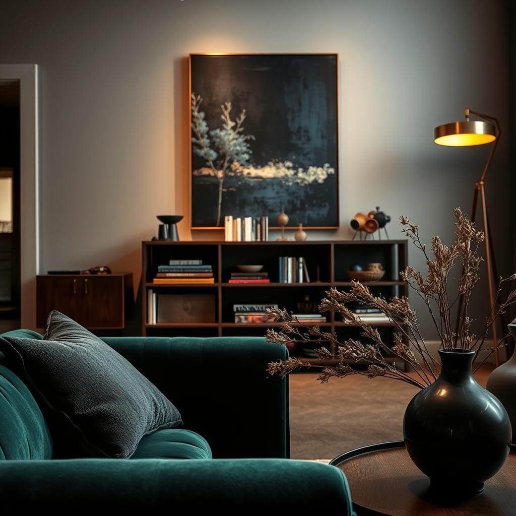 A moody living room featuring art and accessories with emotional impact. In the foreground, a deep velvet sofa in rich emerald green contrasts with an oversized, textured pillow in charcoal gray. On the coffee table, a sculptural black ceramic vase holds dried flowers, adding an organic touch. In the middle ground, a large abstract painting with dark hues of indigo and hints of gold captures attention, hung above a stylish mid-century bookshelf filled with unique art books and vintage trinkets. The background showcases warm, dim lighting from an elegant floor lamp with a soft gold shade, casting gentle shadows. The atmosphere is inviting yet introspective, perfect for a transformative living space. The image has a soft focus, emphasizing depth and creating a cozy, contemplative feel, evoking an emotional response.