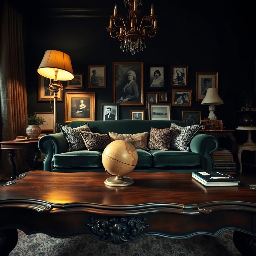 A moody living room showcasing vintage and antique accents, featuring a rich, dark wood coffee table with ornate carvings as the foreground element. In the middle, place a plush, deep green velvet sofa adorned with patterned throw pillows, with a retro brass floor lamp casting a warm, golden light over the scene. Surrounding the sofa, include a mix of eclectic vintage decor, such as an antique globe, framed black-and-white photographs in ornate frames, and a collection of vintage books on a side table. The background reveals a dark, atmospheric wall adorned with vintage prints and a vintage chandelier hanging from the ceiling. Soft, diffused lighting creates an inviting and dramatic atmosphere, inviting viewers to imagine a cozy yet sophisticated space. Use a wide-angle lens to capture the full essence of this curated vintage-inspired living room.