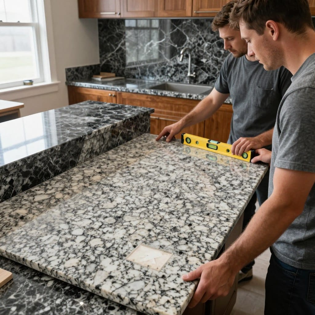A professional kitchen setting featuring a granite countertop installation in progress. In the foreground, two skilled workers in modest casual clothing examine a large, polished granite slab, discussing its placement. One worker holds a digital level while the other points to the countertop edge, showcasing precision and teamwork. In the middle background, a partially installed granite countertop reflects a deep mix of grays and blacks, complemented by a matching bold backsplash, adding luxury to the scene. Natural light streams in from a nearby window, illuminating the workspace and highlighting the textures of the granite. The atmosphere is focused and dynamic, emphasizing craftsmanship and expertise. Aim for a slightly elevated angle to capture the intricate details of the countertop and the collaboration between the workers.