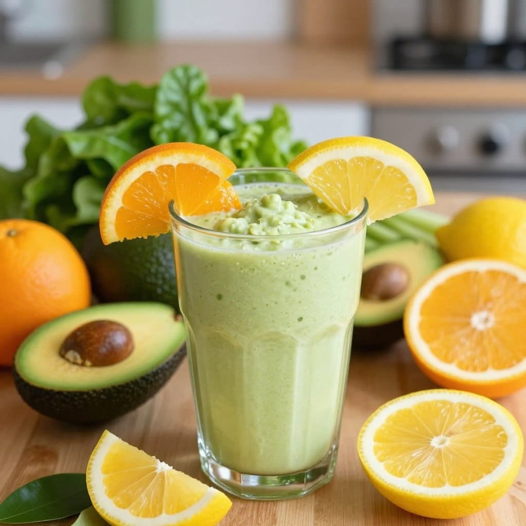A refreshing Citrus Avocado Hydration Smoothie elegantly presented in a clear glass, surrounded by vibrant, fresh ingredients. In the foreground, the smoothie is a creamy, pale green color, topped with a slice of avocado and garnished with orange and lemon slices, showcasing its citrusy elements. The middle ground features whole fruits like avocados, oranges, and lemons arranged artfully, with a backdrop of leafy greens to emphasize freshness. Soft, natural lighting bathes the scene, creating a bright and inviting atmosphere. The background is a blurred kitchen setting with wooden surfaces and greenery, evoking a healthy lifestyle. The angle is slightly overhead, highlighting the creamy texture of the smoothie and the freshness of the fruits, inspiring feelings of rejuvenation and refreshment.