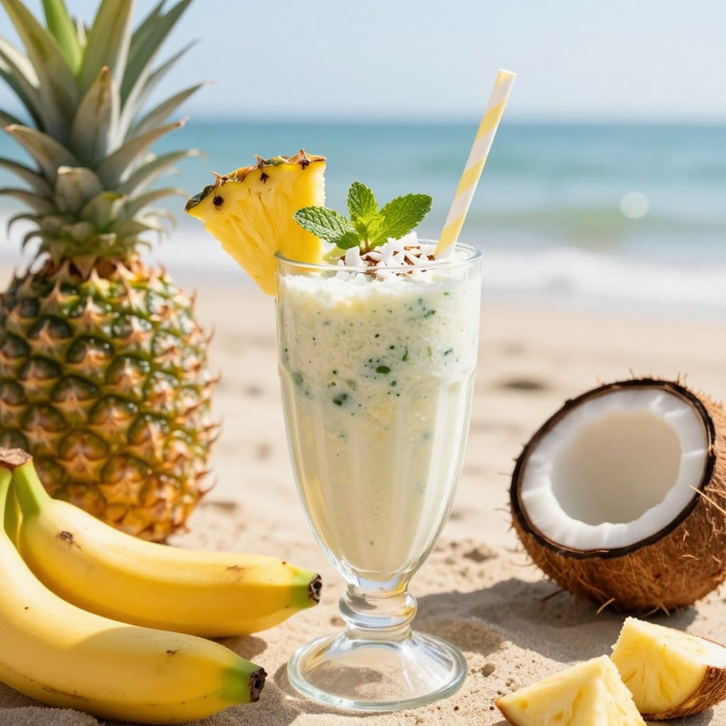 A refreshing Tropical Coconut Recovery Smoothie served in a clear glass, garnished with a vibrant slice of pineapple and a sprig of fresh mint. The smoothie is creamy white with flecks of dark green from added spinach, and rich textures hinting at coconut shavings on top. In the foreground, the glass is surrounded by tropical fruits like bananas and coconuts, and a straw is elegantly placed inside the glass. In the middle, a beautifully blurred beach scene reveals soft sands and gentle waves under bright sunlight, evoking a sense of relaxation. The lighting is warm, casting soft reflections on the smoothie, with a focus on the vibrant colors of the fruits that enhance the summery atmosphere. The overall mood is fresh, invigorating, and inviting, perfect for a post-beach recovery drink.