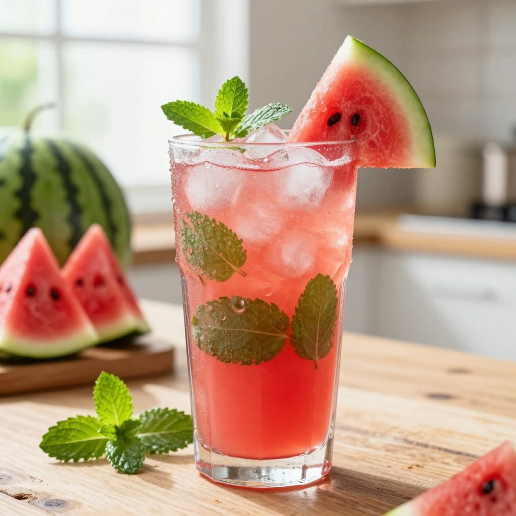 A refreshing watermelon mint drink served in a tall, clear glass filled with ice cubes, showcasing vibrant pink watermelon juice infused with fresh green mint leaves. The glass is garnished with a slice of watermelon on the rim and a sprig of mint for added flavor. In the foreground, droplets of condensation glisten on the glass, emphasizing the chill of the drink. The middle ground features a soft-focus background of a sunny kitchen setting, with bright, natural light streaming in through a window, casting gentle shadows. A few whole watermelons and fresh mint leaves are visible on a rustic wooden countertop, enhancing the fresh and inviting atmosphere. The overall mood conveys rejuvenation and summer refreshment, ideal for rehydration.