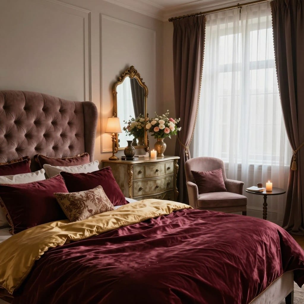 A romantic bedroom design featuring an elegant, statement bed with a plush, tufted headboard in soft velvet. Foreground elements include luxurious satin bedding in deep burgundy and gold accents, along with a couple of decorative pillows. The middle of the scene showcases a chic, ornate dresser with vintage-inspired decor items and a stylish mirror reflecting warm, soft lighting. In the background, large windows draped with sheer curtains allow soft, diffused natural light to flood the room, enhancing the moody atmosphere. A cozy reading nook with a stylish armchair and a small side table rests in a corner, adorned with a flickering candle and a blooming bouquet of fresh flowers. The overall ambiance is intimate and inviting, evoking a sense of tranquility and romance.
