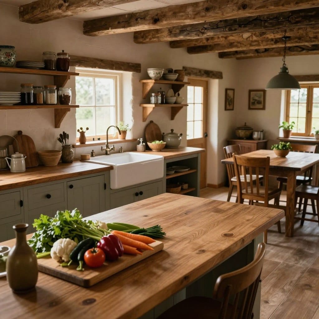 A rustic farmhouse kitchen featuring warm, inviting butcher block countertops as the central element. In the foreground, the countertops are adorned with fresh vegetables and a wooden cutting board, hinting at culinary activity. The middle layer showcases open shelves filled with a mix of vintage dishware and glass jars, while an antique farmhouse sink sits beneath a window, letting in natural light that bathes the space. The background reveals a cozy dining nook with a wooden table surrounded by mismatched chairs. Soft, ambient lighting enhances the warm tones of wood and stone, creating a welcoming and homey atmosphere. The lens captures a slightly elevated angle, emphasizing the kitchen's charm and spacious layout, inviting viewers to imagine their own moments spent in this charming setting.