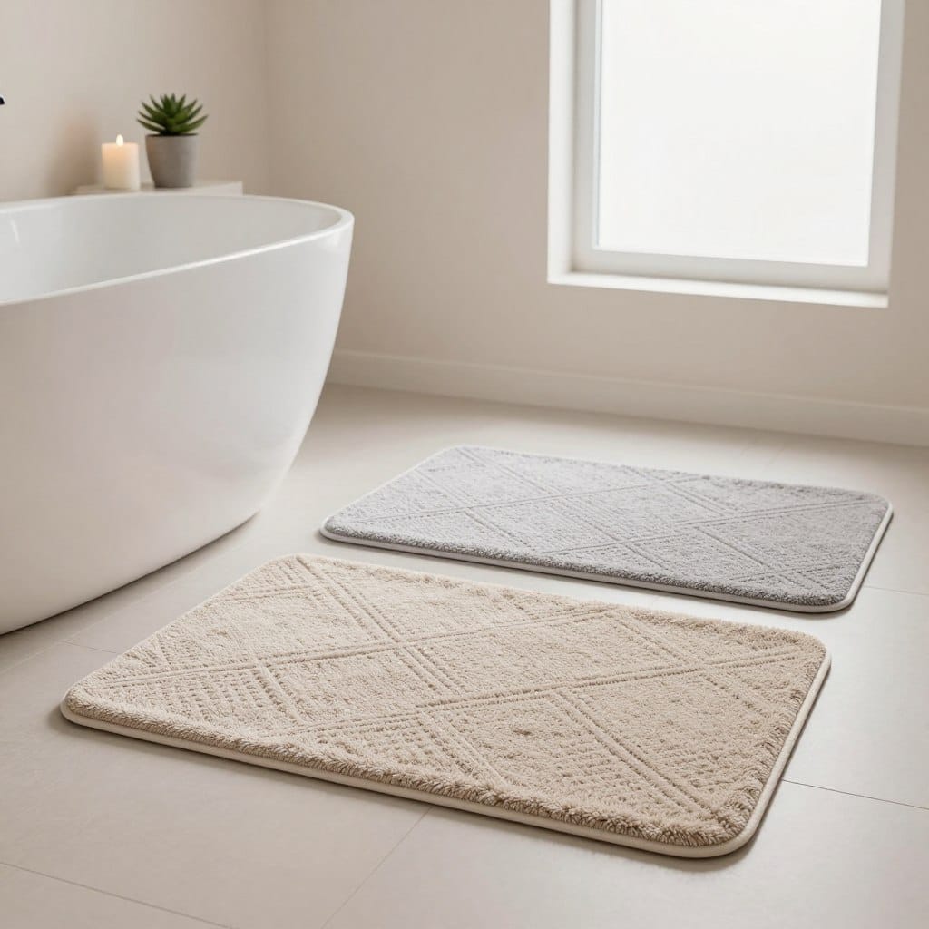 A serene bathroom setting featuring minimalist microfiber bath mats in soft neutral tones like beige and light gray. In the foreground, showcase a plush, textured bath mat with a subtle geometric pattern, positioned neatly beside a sleek modern bathtub. In the middle ground, include the edges of a stylish vanity with a potted succulent and a decorative candle, enhancing the minimalist aesthetic. The background features a soft-focus view of smooth pastel walls and a frosted glass window allowing gentle, diffused natural light to illuminate the scene, creating a calming atmosphere. Use a wide-angle perspective to capture the entire space, emphasizing simplicity and elegance in this small bathroom design.
