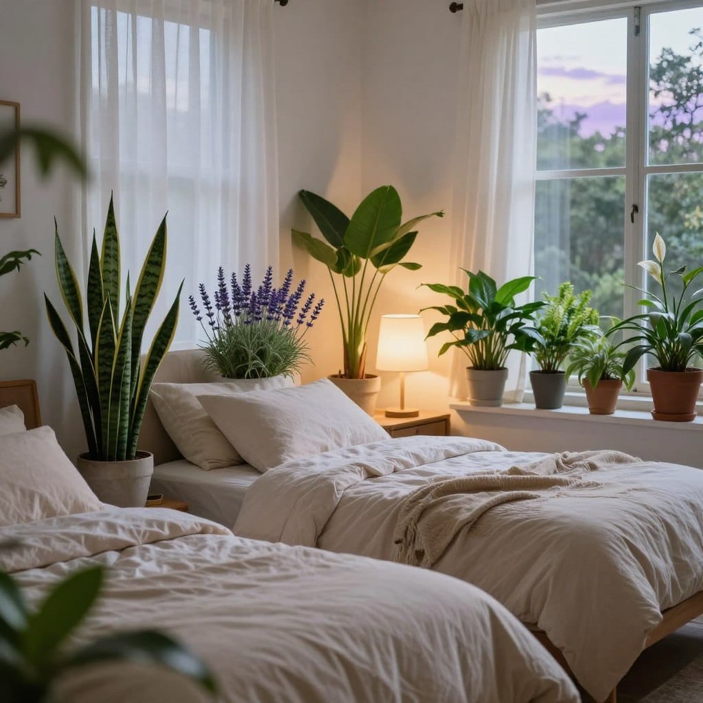 A serene bedroom featuring a cozy bed adorned with soft, calming linens. In the foreground, a beautiful arrangement of lush houseplants, including a Snake Plant, Lavender, and Peace Lily, positioned on bedside tables and window sills, highlighting their vibrant green foliage and soothing blooms. The middle layer shows a softly glowing bedside lamp casting warm light, enhancing the tranquil atmosphere. The background reveals a softly illuminated window with sheer curtains letting in gentle natural light, complemented by a peaceful night sky outside. The overall mood is peaceful and calming, inviting relaxation and sleep, with an emphasis on the aesthetic appeal of nature within the bedroom space. The image captures a wide-angle view, emphasizing both the plants and the cozy ambiance of the room.