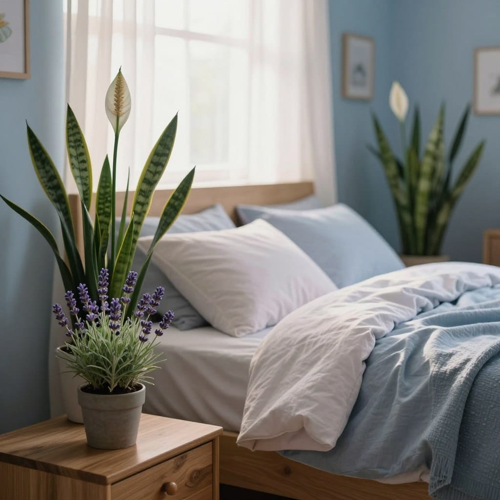 A serene bedroom scene designed for optimal sleep, featuring a soft, cozy atmosphere. In the foreground, a stylish wooden bedside table holds a small, potted lavender plant, known for its calming properties. The middle section showcases a plush bed adorned with tranquil, pastel-colored linens, flanked by two tall peace lilies and a snake plant, both symbolizing air purification and tranquility. The background features soft, diffused morning light filtering through sheer curtains, creating a warm and inviting glow. The walls are painted in soothing shades of blue, enhancing the calming ambiance. The overall composition should evoke a peaceful, restful mood, ideal for sleep, with a focus on the plants' lush greenery and natural beauty. Use a shallow depth of field to emphasize the plants, while keeping the bedroom cozy and inviting.