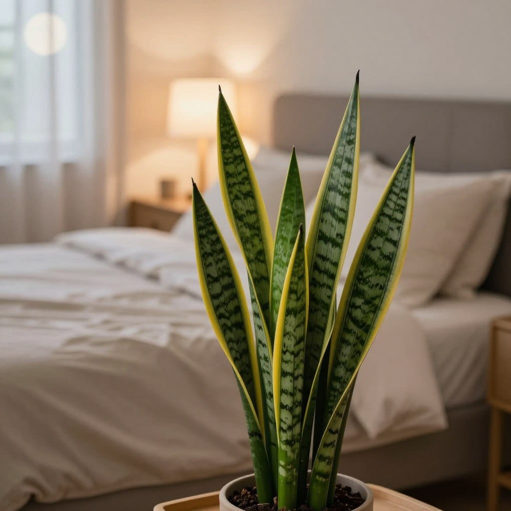 A serene bedroom scene featuring a lush Snake Plant elegantly placed on a bedside table. The foreground showcases the plant's vibrant, sword-like leaves, tall and upright, with rich green hues and striking yellow edges, symbolizing tranquility and rejuvenation. In the middle ground, a softly made bed with neutral-toned linens invites comfort, and a subtle, warm bedside lamp casts a gentle glow, enhancing the relaxing atmosphere. The background includes a soft-focus window allowing diffused moonlight to filter in, creating a calm and peaceful night setting. The overall mood is serene and inviting, conveying the Snake Plant's role as a natural air purifier, ideal for promoting restful sleep. Use soft lighting and a slightly elevated angle to capture the harmonious arrangement.