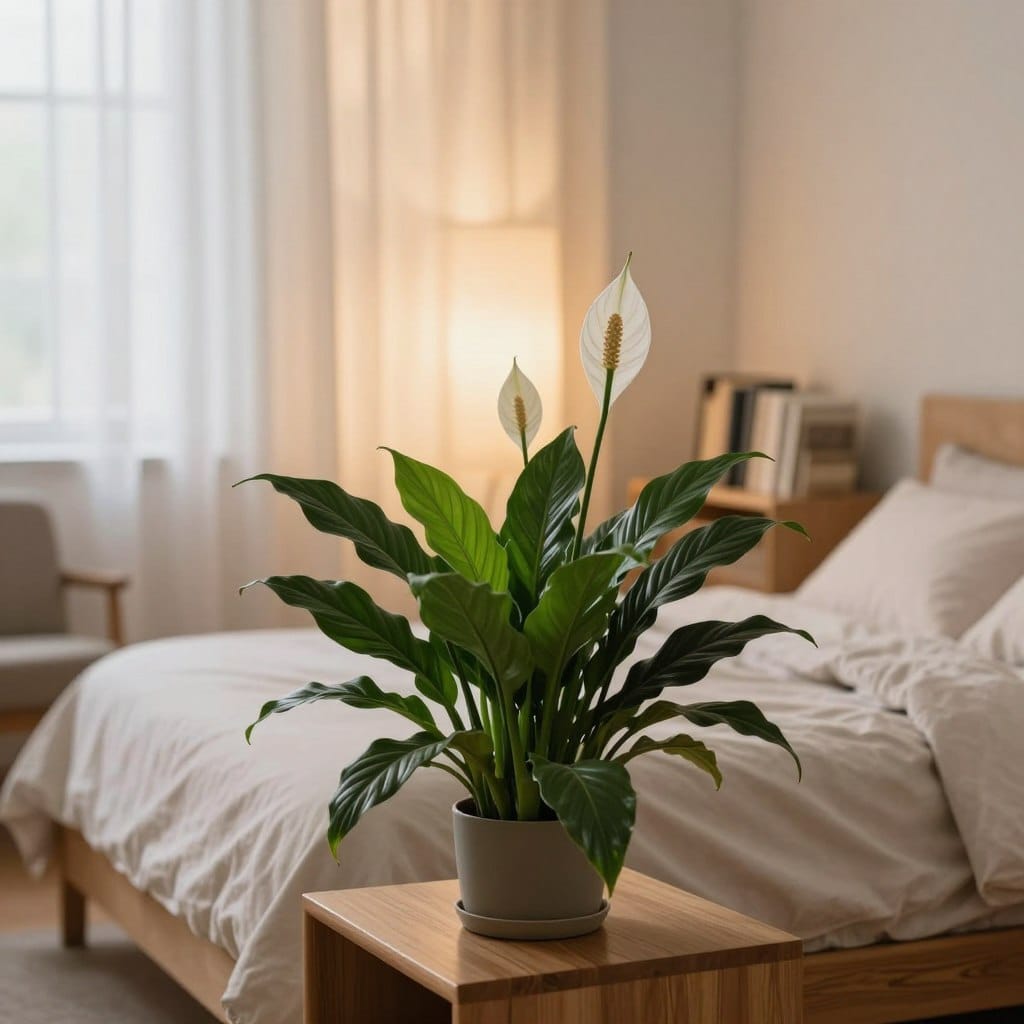 A serene bedroom scene featuring a lush peace lily plant in the foreground, its glossy dark green leaves contrasting beautifully with delicate white flowers. The peace lily is placed on a modern wooden nightstand next to a cozy bed adorned with soft, neutral-colored linens. In the middle background, a warm, ambient light filters through sheer curtains, gently illuminating the room and creating a tranquil atmosphere. The walls are painted in soft pastel tones, enhancing the calming vibe. A small reading nook can be glimpsed in the corner with a comfortable armchair and a bookshelf filled with well-loved books. The overall mood is peaceful and inviting, perfect for promoting relaxation and restful sleep. Use a soft focus lens effect to enhance the soothing feel of the scene, capturing the essence of tranquility.