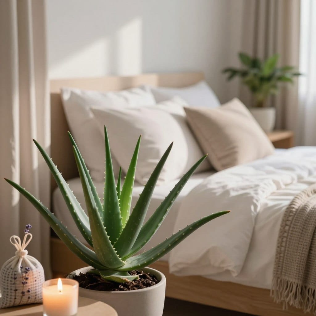 A serene bedroom setting featuring a vibrant aloe vera plant in the foreground, with its thick, succulent leaves glistening in a soft, natural light. The plant is positioned on a bedside table, surrounded by a few cozy items like a calming lavender sachet and a dimly lit scented candle, suggesting a relaxing atmosphere. In the middle ground, a neatly made bed with soft white linens and decorative pillows creates a tranquil setting, while light filters gently through sheer curtains, casting delicate shadows. In the background, calming earth tones combine with subtle greenery, enhancing the peaceful ambiance. The overall mood is soothing and restful, ideal for promoting better sleep. Use a warm color palette and soft focus to evoke relaxation, inspired by a wide-angle lens perspective.