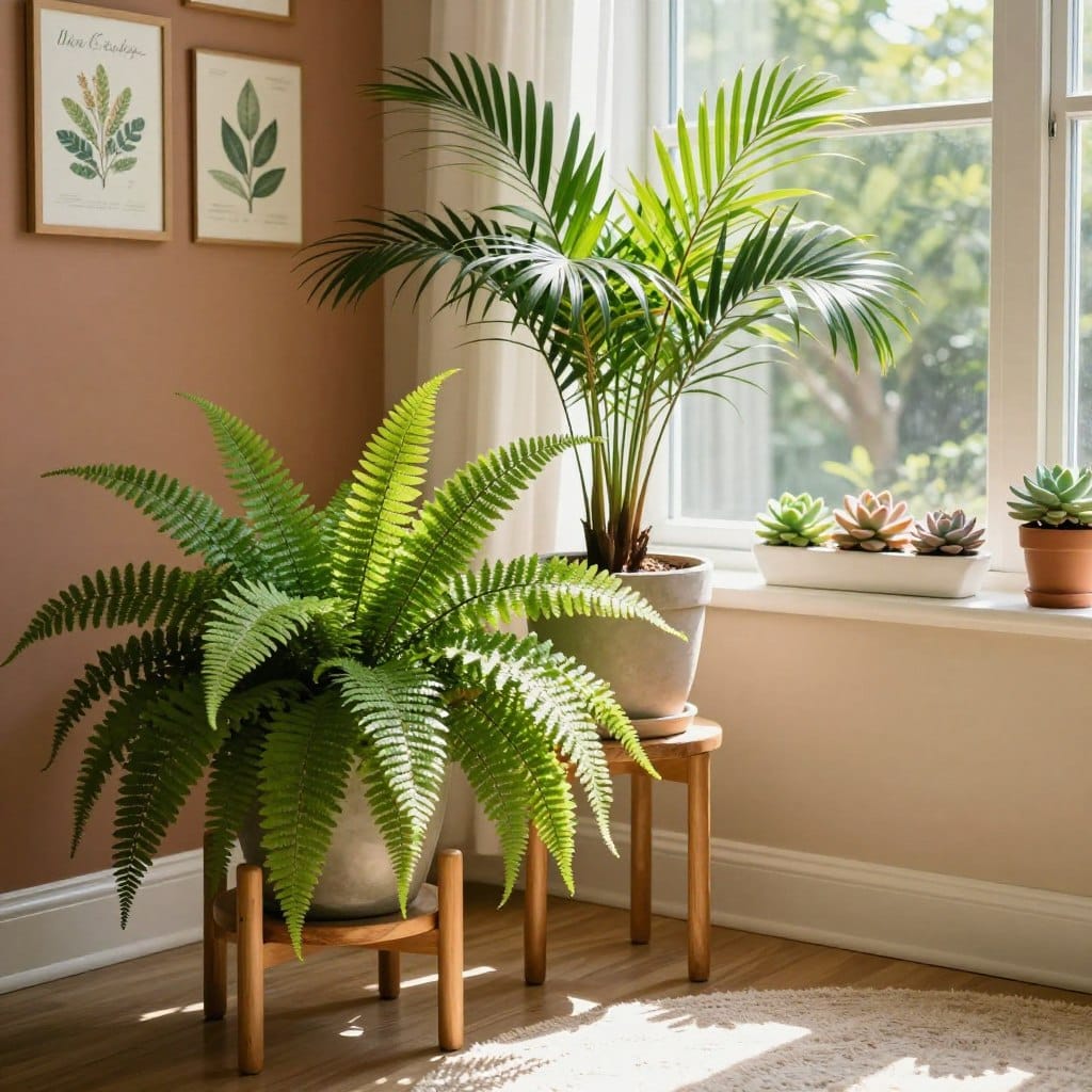 A serene indoor environment filled with various thriving houseplants. In the foreground, a lush fern with cascading leaves and a potted parlor palm beside it, both displayed on a wooden plant stand. The middle ground features a stylish, bright window with sunlight streaming in, casting soft shadows across the room. On the windowsill, cheerful succulents are neatly arranged on a white ceramic tray. The background includes a warm-toned wall adorned with botanical prints and a soft, textured rug on the floor. The atmosphere is calm and inviting, promoting a sense of tranquility and connection with nature. Use natural light to enhance the vibrant greens of the plants, captured at eye level for a personal touch.