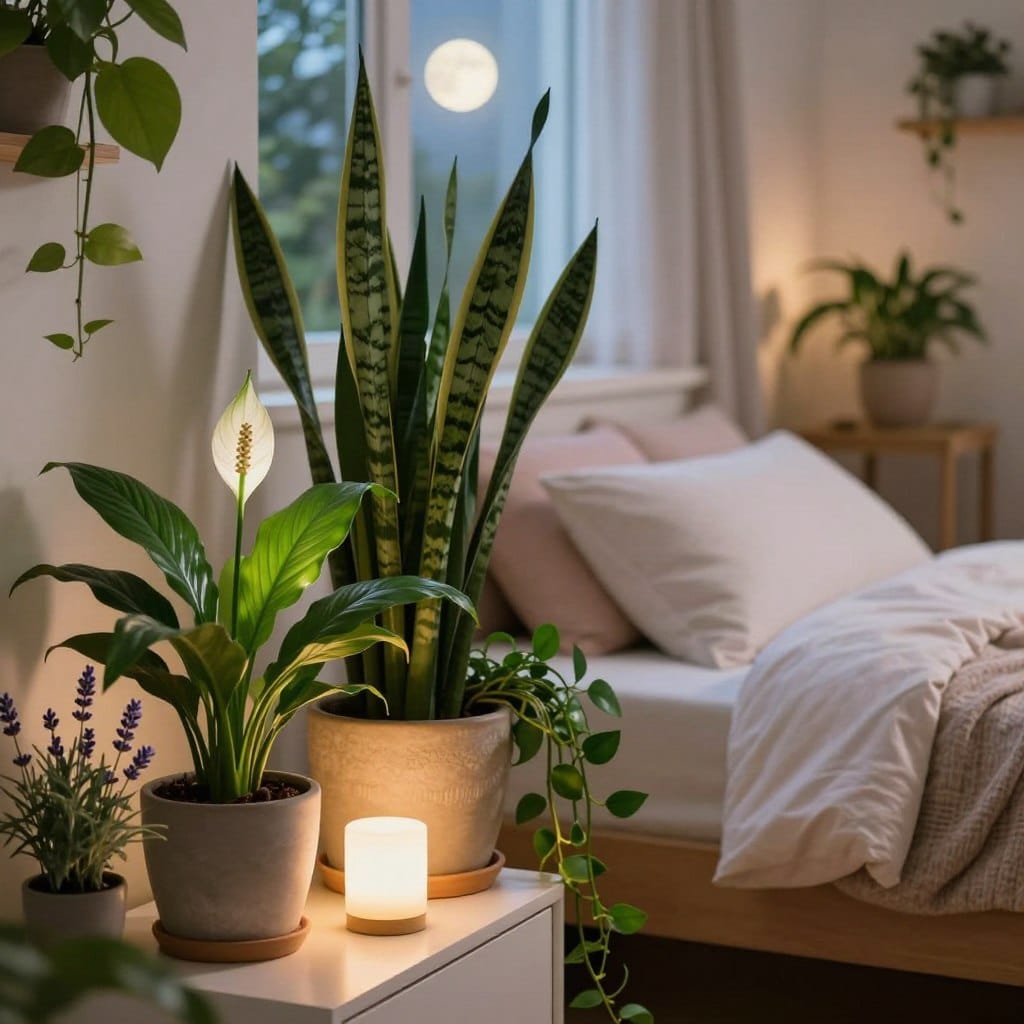 A serene indoor setting featuring a variety of lush houseplants known for promoting better sleep. In the foreground, a stylish bedside table hosts a calming Peace Lily and a small lavender plant, their vibrant green leaves and delicate blooms gently illuminated by soft, warm bedside lighting. In the middle ground, a large Snake Plant stands tall in a textured ceramic pot, while trailing Pothos vines cascade gracefully over the edge. Behind them, a cozy, softly lit room with a neatly made bed adorned with pastel-colored linens creates a tranquil atmosphere. Large windows allow for gentle, diffused moonlight to filter in, enhancing the peaceful, restful mood. The scene is captured with a portrait lens to emphasize the beauty of the plants, evoking a sense of calm and relaxation ideal for sleep.
