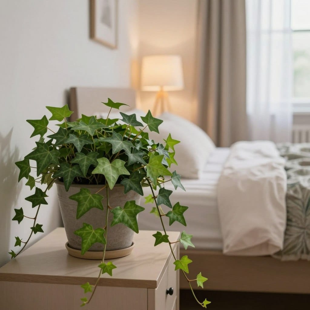 A serene indoor setting featuring an elegant arrangement of lush English ivy cascading from a stylish pot on a bedside table, symbolizing tranquility and better sleep. In the foreground, focus on the vibrant green leaves of the ivy, showcasing their intricate patterns and textures. The middle ground includes soft, warm lighting from a bedside lamp, casting gentle shadows that enhance the peaceful atmosphere of the room. In the background, a neatly made bed with calming, neutral-colored linens, and a window with sheer curtains gently billowing in the breeze. The mood is restful and rejuvenating, evoking a sense of calm and well-being, perfect for a sleep-enhancing environment.