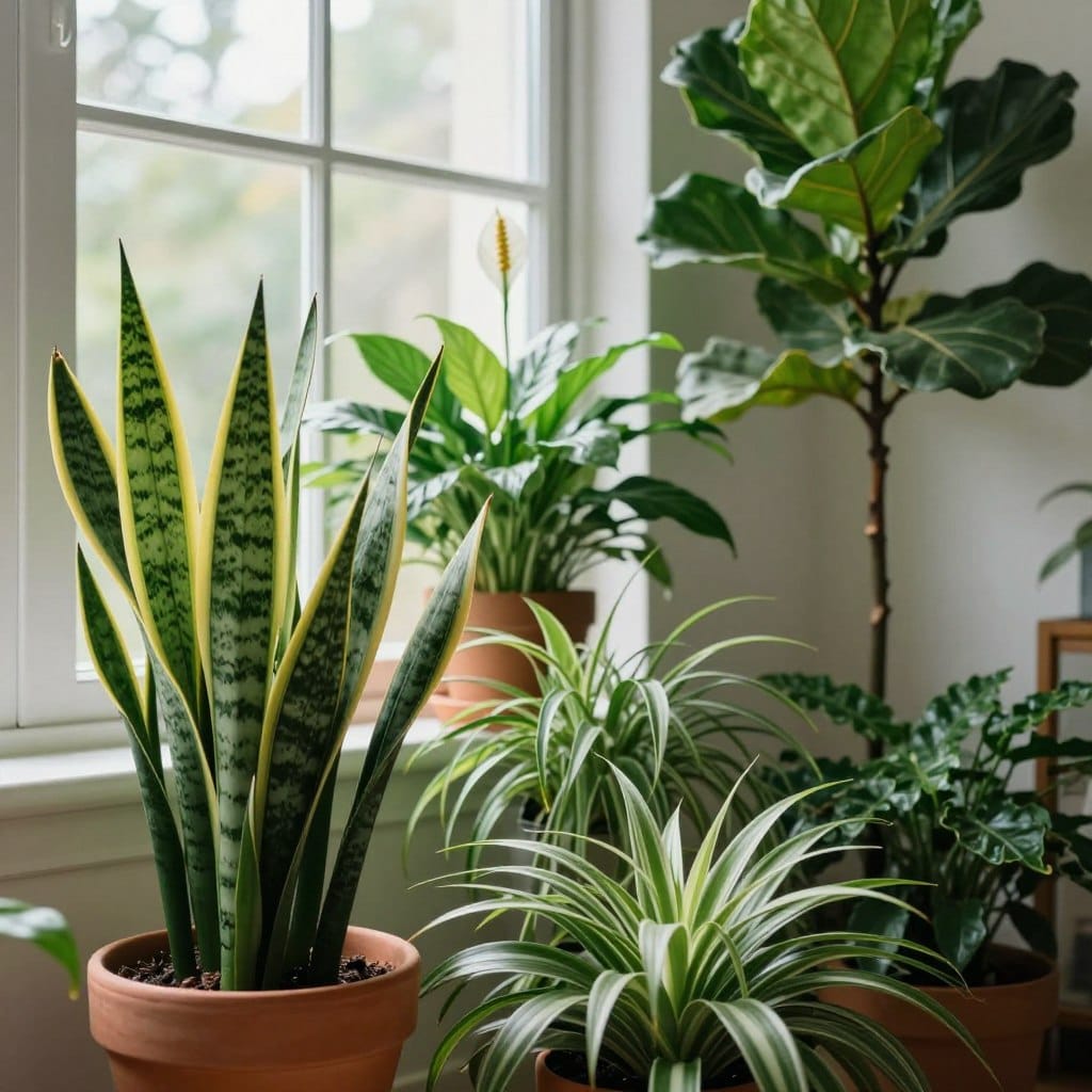 A serene indoor setting prominently featuring various houseplants known for their potential to keep people awake. In the foreground, a vibrant snake plant with prominent, upright leaves and a striking color contrast against a terracotta pot. Nearby, a tall, leafy fiddle leaf fig adds height and lush greenery to the scene. The middle layer showcases an elegant arrangement of peace lilies and spider plants, their delicate blooms and cascading leaves adding a touch of softness. In the background, soft, ambient natural light filters through a large window, casting gentle shadows and creating a tranquil atmosphere. The overall mood is calming yet slightly energetic, evoking a sense of balance and awareness. The composition should emphasize the unique qualities and aesthetic appeal of each plant, enhancing the theme of indoor plants impacting sleep quality.