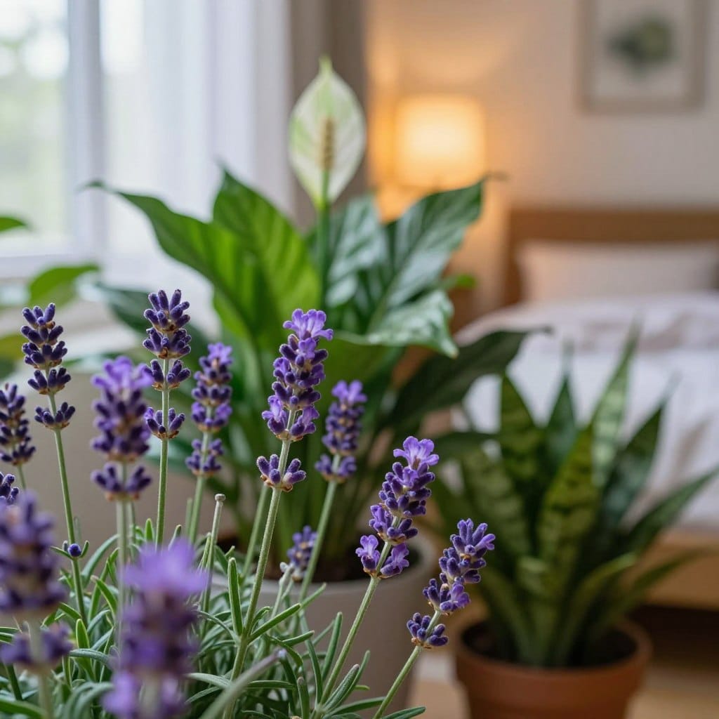 A serene indoor setting showcasing a variety of sleep-inducing houseplants, with lavender prominently displayed in the foreground. The lavender flowers are vivid purple, with soft petals and a calming fragrance represented visually. In the middle ground, other plants like peace lilies and snake plants blend harmoniously, their lush green foliage contrasting beautifully with the lavender. A softly lit room in the background features warm, ambient lighting, creating a tranquil atmosphere. The room has a cozy, inviting feel with light filtering through sheer curtains. Emphasize a close-up perspective that highlights the textures of the leaves and blooms, capturing the essence of a peaceful sleep environment. The overall mood should evoke relaxation and calm, perfect for promoting better sleep.
