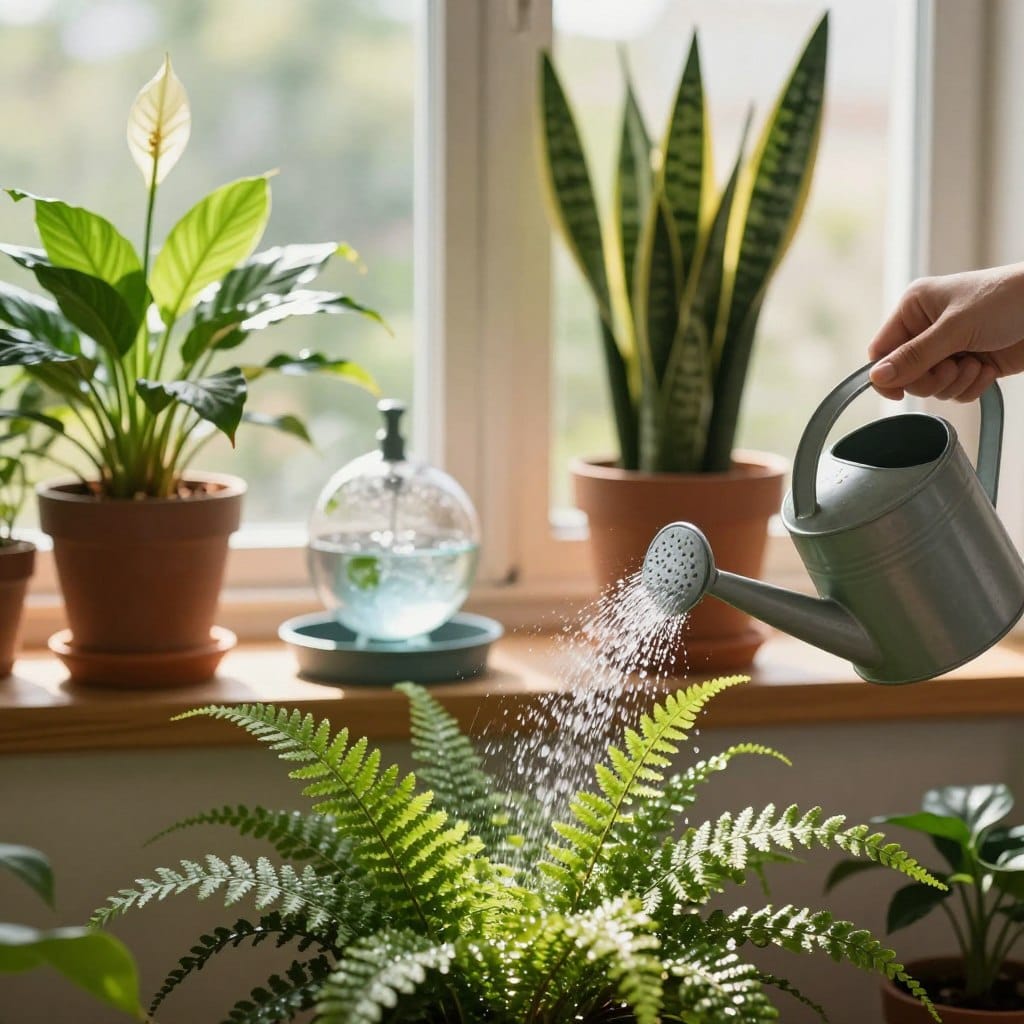 A serene indoor setting showcasing various watering techniques for healthy indoor plants. In the foreground, a watering can is gently pouring water onto a lush green fern, with droplets caught in sunlight, creating a sparkling effect. The middle layer features an array of indoor plants in different pots, including a vibrant peace lily and a robust snake plant, each receiving water through methods such as a bottom-watering tray and a self-watering globe. The background is softly blurred, revealing bright windows that filter warm, natural light, enhancing the greenery. The atmosphere is calm and nurturing, evoking a sense of tranquility and care for the plants.