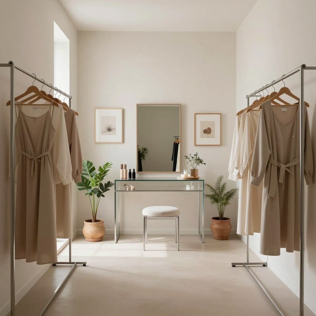 A serene minimalist dressing room, exuding luxury and calm. The foreground features a sleek, symmetrical clothing rack displaying elegant garments in neutral tones. Beside it, a simple full-length mirror reflects soft natural light. In the middle, a clear, uncluttered vanity with organized grooming essentials, surrounded by potted greenery for a touch of nature. The background showcases a gallery wall featuring art pieces in minimal frames, echoing the room's color scheme. Utilize soft, diffused lighting to create a warm, inviting atmosphere, ideal for relaxation. The perspective is slightly elevated, with a focal length that emphasizes spaciousness, highlighting the curated, organized elements of the design. The overall mood is tranquil and sophisticated, perfect for a modern dressing room.