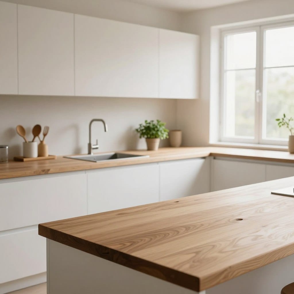 A serene minimalist kitchen featuring elegant maple butcher block countertops, showcasing their natural grain and warmth. In the foreground, a neatly organized countertop with a few kitchen utensils and a small potted herb plant. The middle layer highlights sleek white cabinetry with simple brushed metal handles and an integrated sink with a chic faucet. In the background, a large window floods the space with soft natural light, illuminating the subtle textures of the walls and a hint of green from outside plants. The atmosphere is calm and inviting, emphasizing a cozy yet modern aesthetic. Capture this scene from a slightly elevated angle to accentuate the spaciousness and clarity of design, using soft, diffused lighting for a warm glow that enhances the inviting feel of the kitchen.