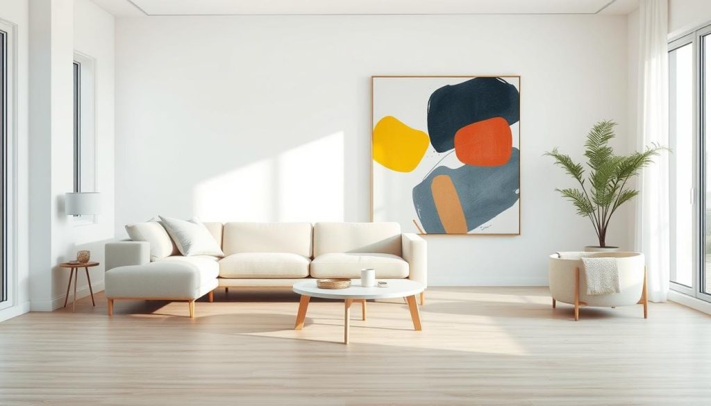 A serene minimalist living room featuring soft, neutral colors and clean lines. In the foreground, a simple yet elegant low-profile sofa in light beige, accented with a few textured throw pillows. Placed on a light wooden floor is a small, round coffee table with a few carefully selected décor items, enhancing the minimalist theme. The middle of the room highlights a striking oversized piece of statement art, showcasing bold colors and abstract shapes, drawing immediate attention. In the background, large windows allow soft natural light to filter in, creating a warm and inviting atmosphere. The overall mood is calm and intentional, reflecting the concept of a mindful edit in décor. The scene is captured from a slightly elevated angle, providing depth and context to the space.